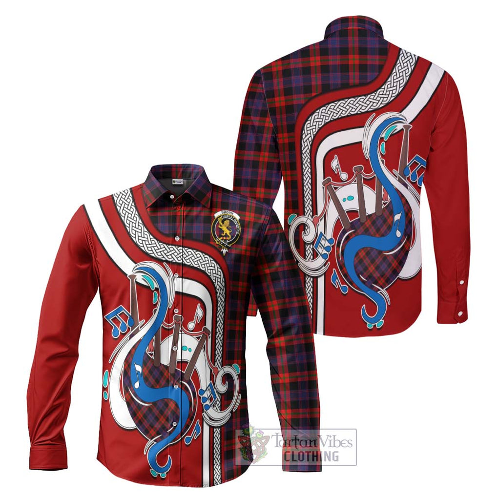 Broun Modern Tartan Long Sleeve Button Shirt with Epic Bagpipe Style Men's Shirt S - Tartanvibesclothing Shop