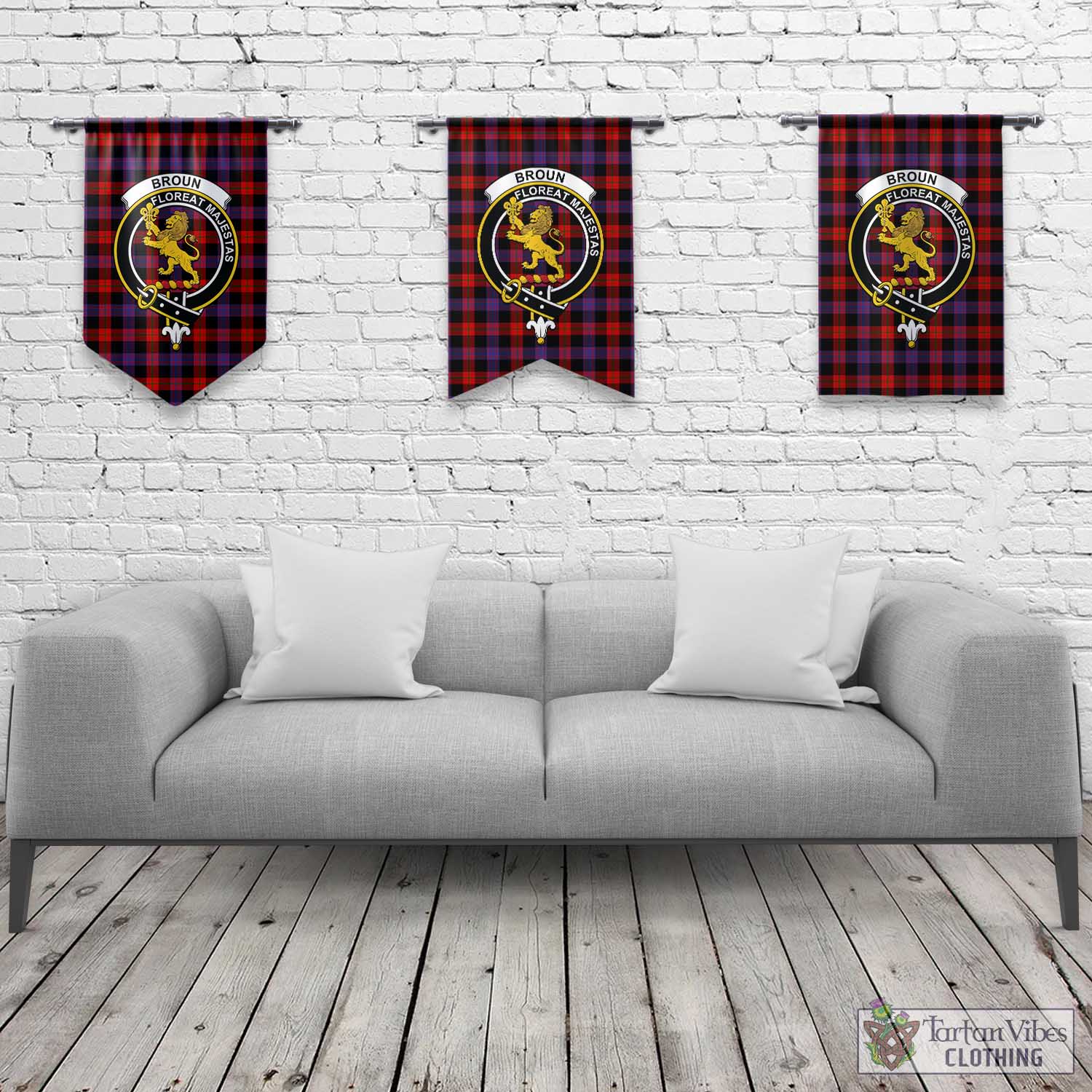 Tartan Vibes Clothing Broun Modern Tartan Gonfalon, Tartan Banner with Family Crest