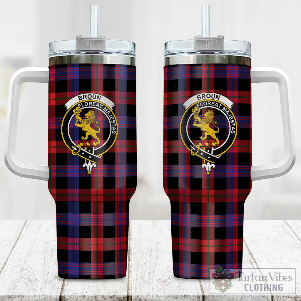 Tartan Vibes Clothing Broun Modern Tartan and Family Crest Tumbler with Handle