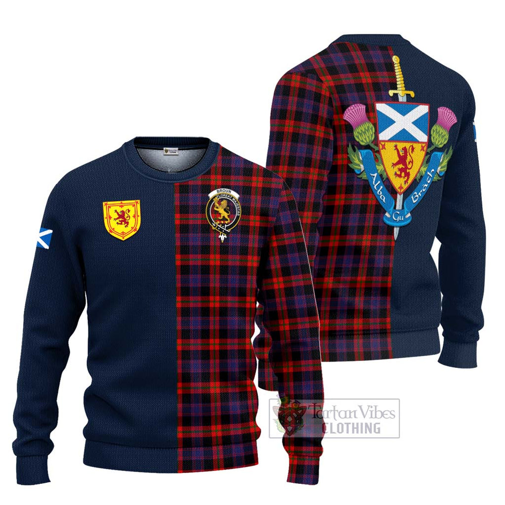 Tartan Vibes Clothing Broun Modern Tartan Knitted Sweater with Scottish Lion Royal Arm Half Style