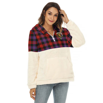 Broun Modern Tartan Half Style Women's Borg Fleece Hoodie with Half Zip with Family Crest