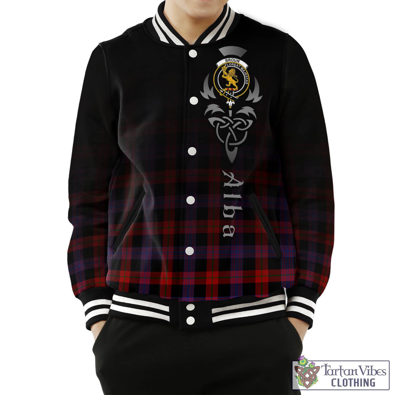 Tartan Vibes Clothing Broun Modern Tartan Baseball Jacket Featuring Alba Gu Brath Family Crest Celtic Inspired