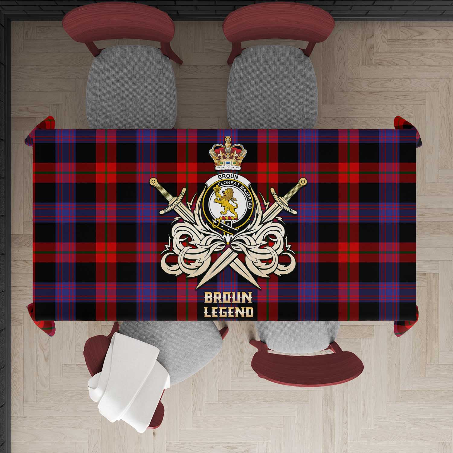 Tartan Vibes Clothing Broun Modern Tartan Tablecloth with Clan Crest and the Golden Sword of Courageous Legacy
