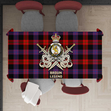 Tartan Vibes Clothing Broun Modern Tartan Tablecloth with Clan Crest and the Golden Sword of Courageous Legacy