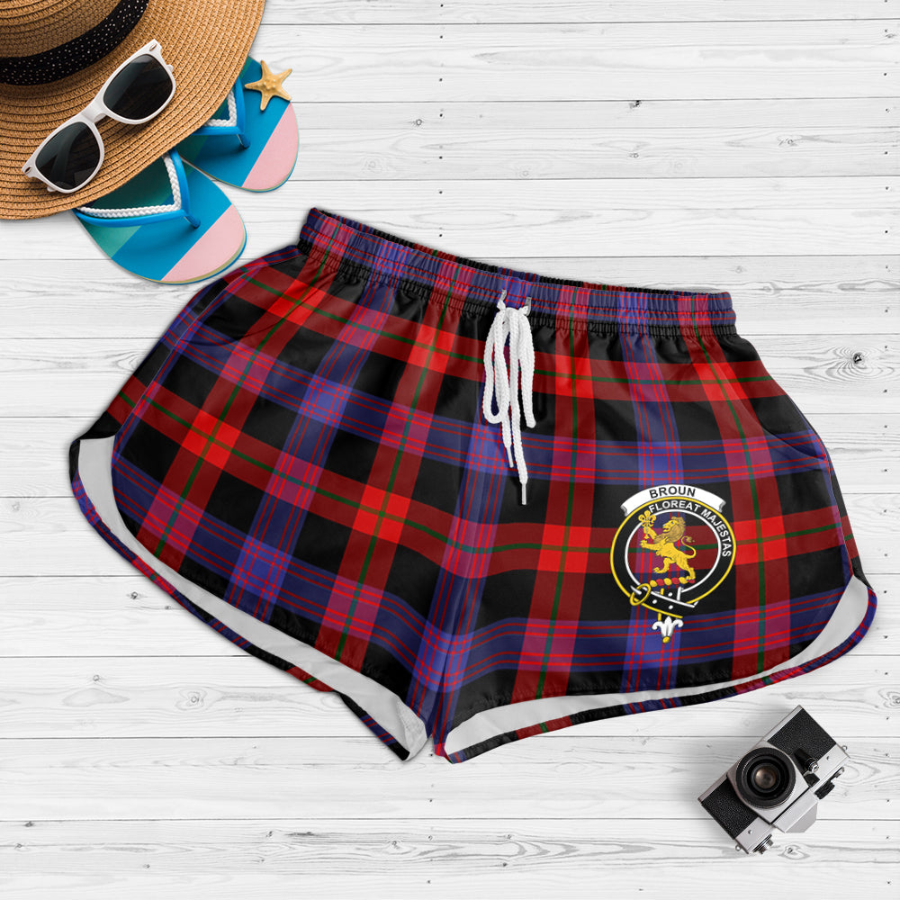 Broun Modern Tartan Womens Shorts with Family Crest - Tartanvibesclothing