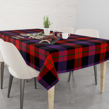 Tartan Vibes Clothing Broun Modern Tartan Tablecloth with Clan Crest and the Golden Sword of Courageous Legacy