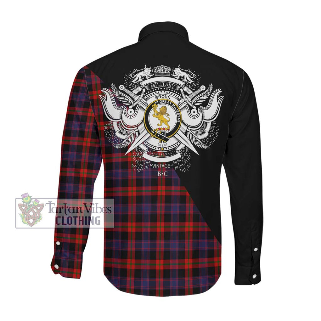 Broun Modern Tartan Long Sleeve Button Shirt with Family Crest and Military Logo Style Men's Shirt - Tartanvibesclothing Shop