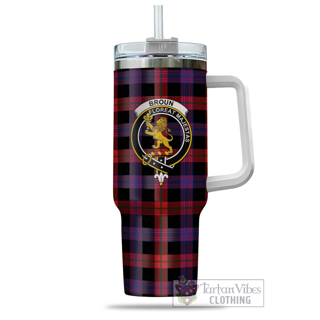 Tartan Vibes Clothing Broun Modern Tartan and Family Crest Tumbler with Handle