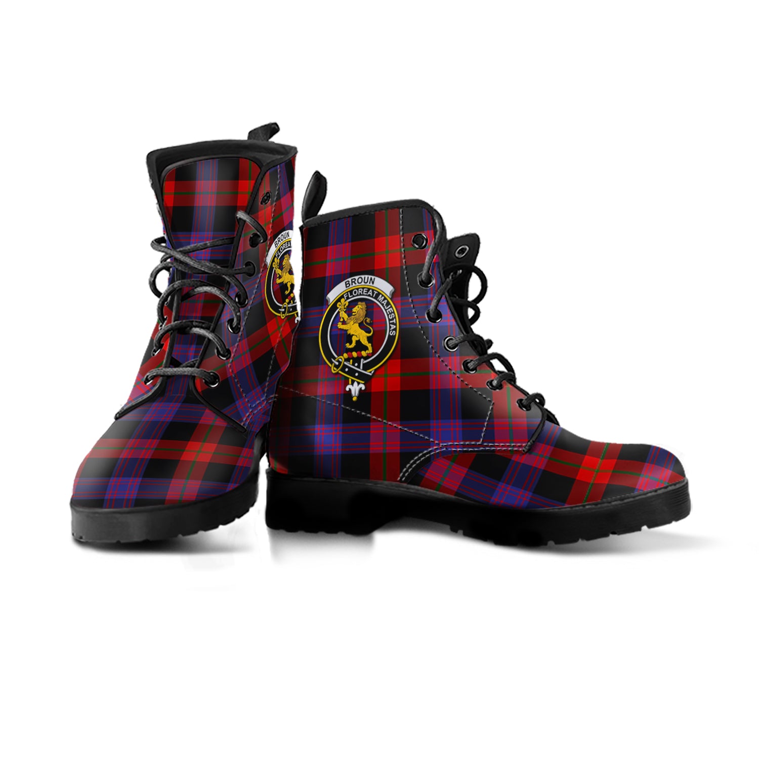Broun Modern Tartan Leather Boots with Family Crest - Tartanvibesclothing