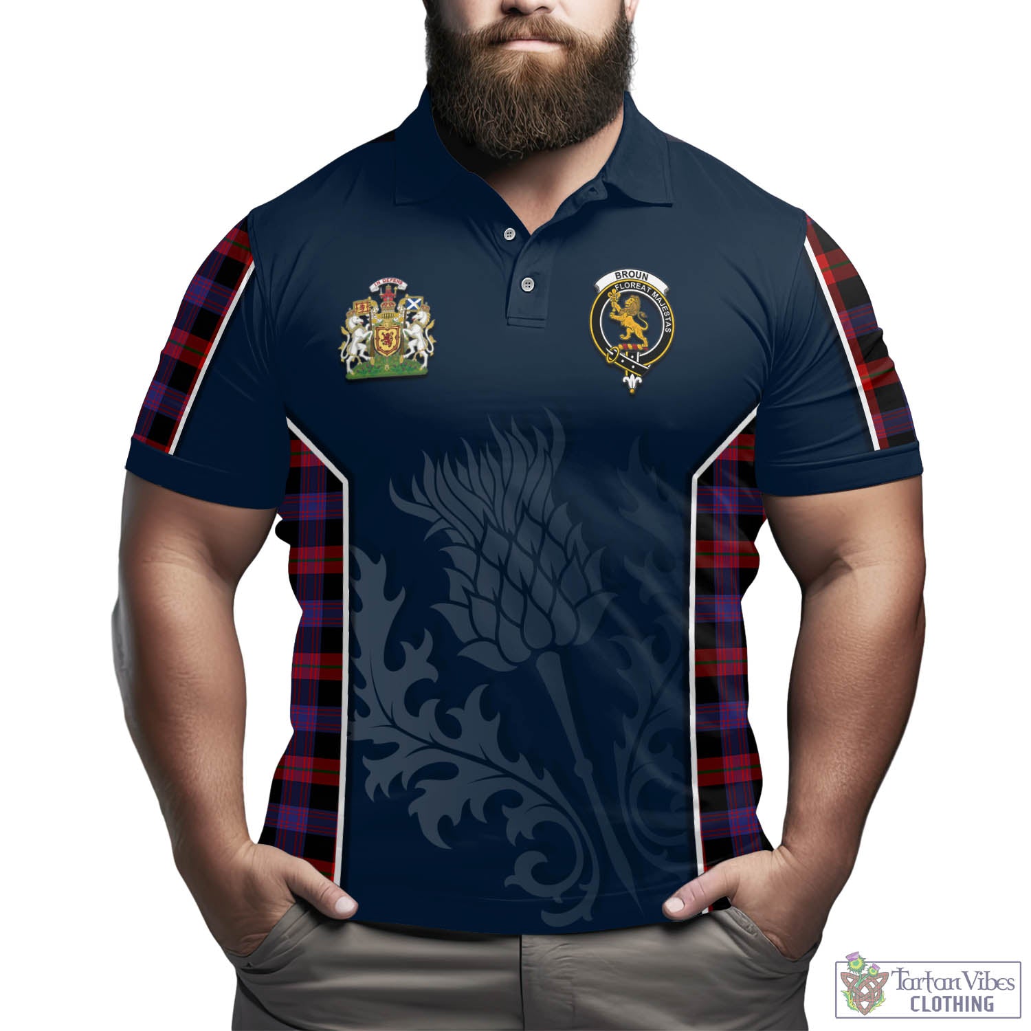 Tartan Vibes Clothing Broun Modern Tartan Men's Polo Shirt with Family Crest and Scottish Thistle Vibes Sport Style