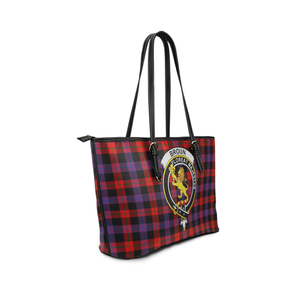 Broun Modern Tartan Leather Tote Bag with Family Crest - Tartanvibesclothing