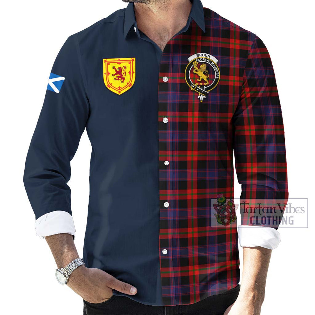 Tartan Vibes Clothing Broun Modern Tartan Long Sleeve Button Shirt with Scottish Lion Royal Arm Half Style