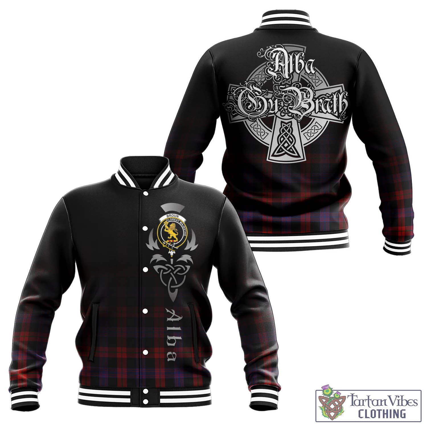 Tartan Vibes Clothing Broun Modern Tartan Baseball Jacket Featuring Alba Gu Brath Family Crest Celtic Inspired