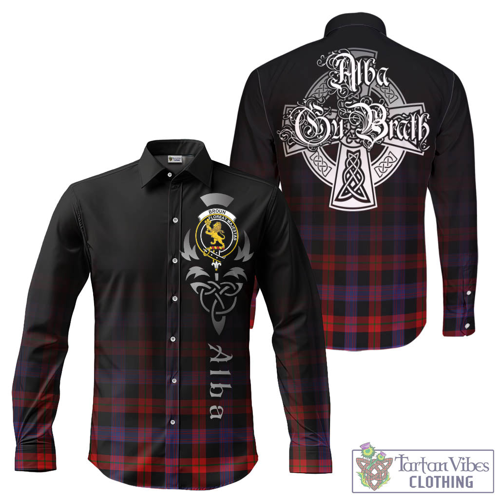 Tartan Vibes Clothing Broun Modern Tartan Long Sleeve Button Up Featuring Alba Gu Brath Family Crest Celtic Inspired