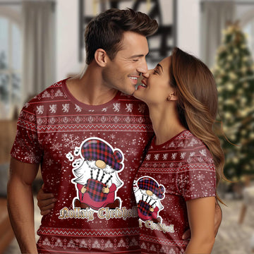 Broun Modern Clan Christmas Family T-Shirt with Funny Gnome Playing Bagpipes