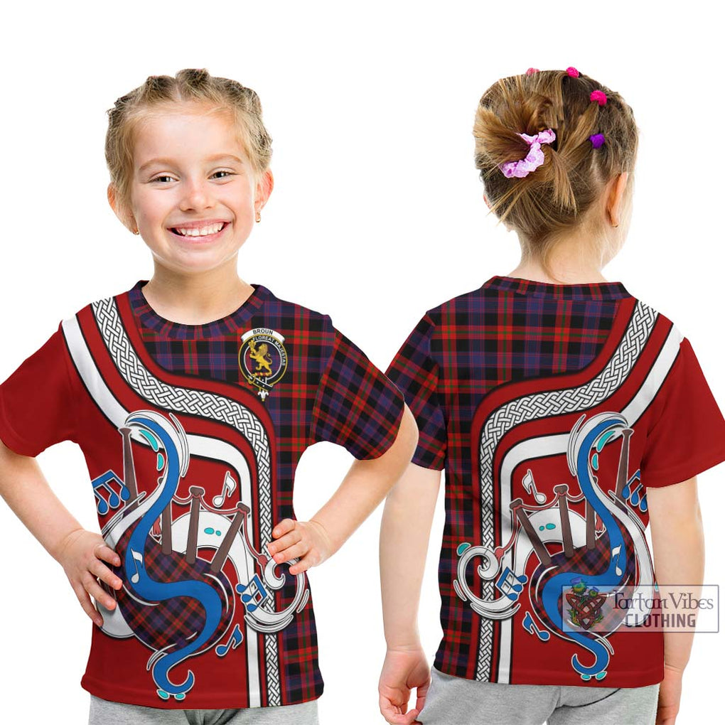 Tartan Vibes Clothing Broun Modern Tartan Kid T-Shirt with Epic Bagpipe Style