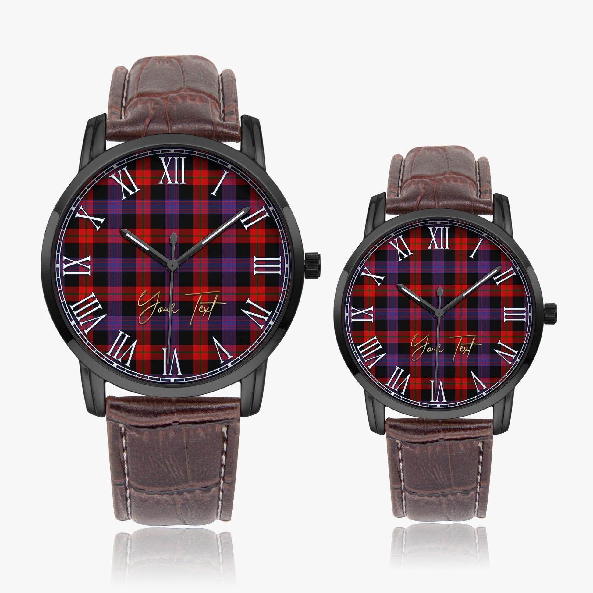 Broun Modern Tartan Personalized Your Text Leather Trap Quartz Watch Wide Type Black Case With Brown Leather Strap - Tartanvibesclothing