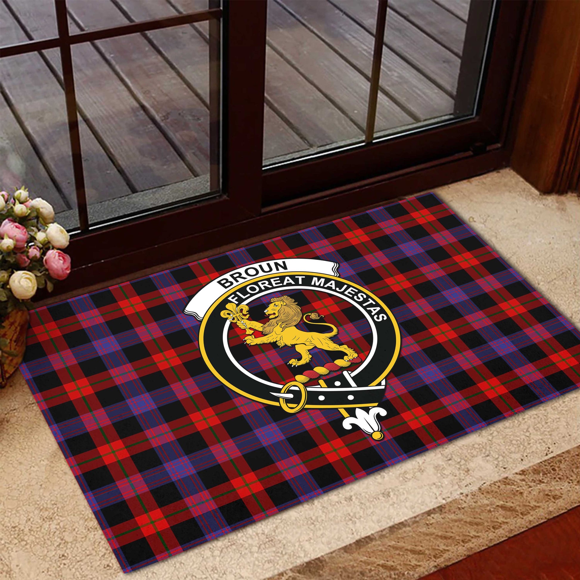 Broun Modern Tartan Door Mat with Family Crest - Tartanvibesclothing