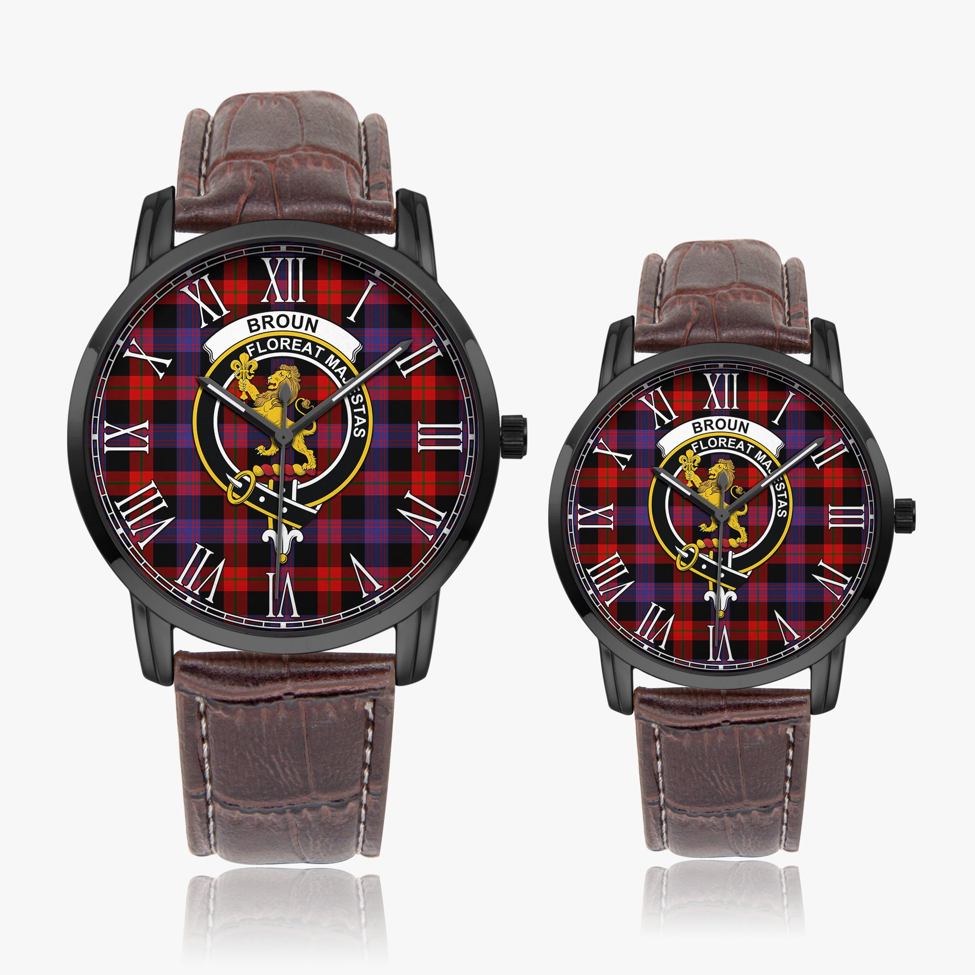 Broun Modern Tartan Family Crest Leather Strap Quartz Watch - Tartanvibesclothing