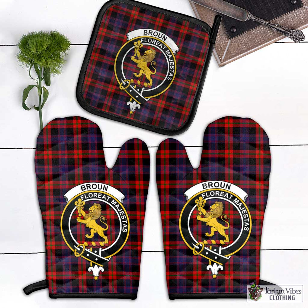Broun Modern Tartan Combo Oven Mitt & Pot-Holder with Family Crest Combo 1 Oven Mitt & 1 Pot-Holder Black - Tartan Vibes Clothing
