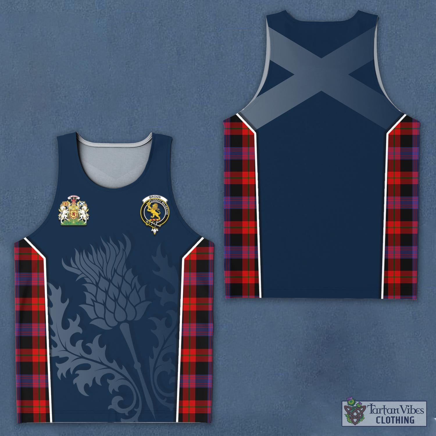 Tartan Vibes Clothing Broun Modern Tartan Men's Tanks Top with Family Crest and Scottish Thistle Vibes Sport Style