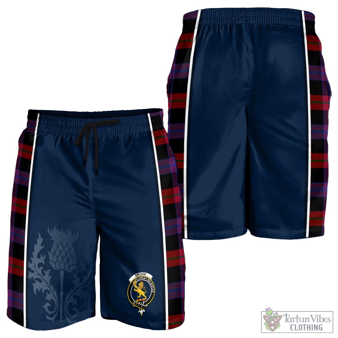 Tartan Vibes Clothing Broun Modern Tartan Men's Shorts with Family Crest and Scottish Thistle Vibes Sport Style