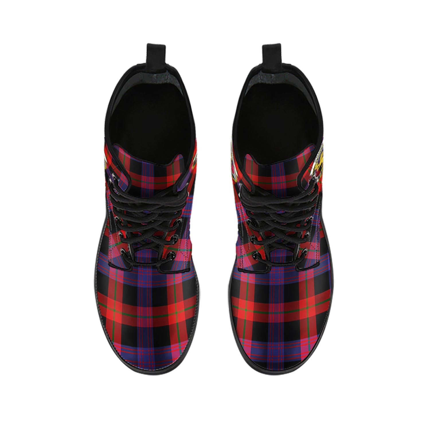 Broun Modern Tartan Leather Boots with Family Crest - Tartanvibesclothing