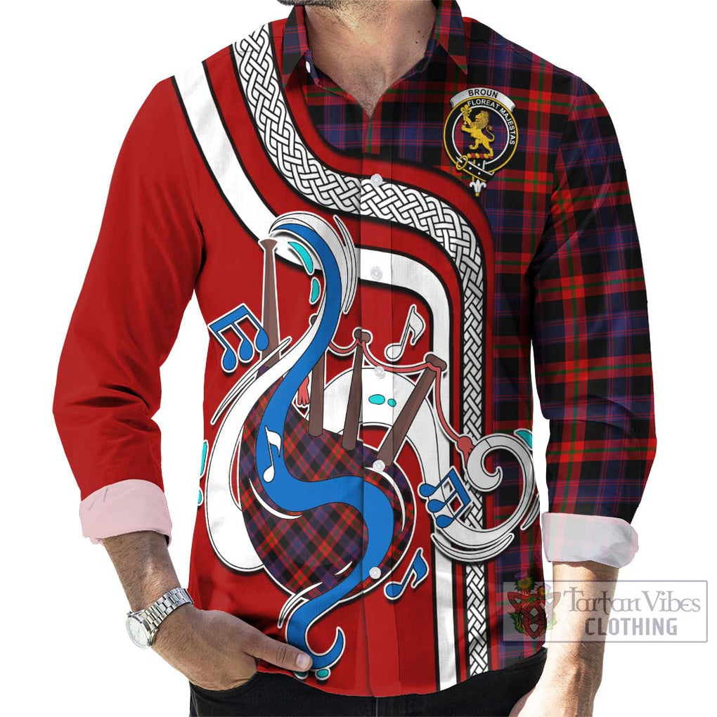 Broun Modern Tartan Long Sleeve Button Shirt with Epic Bagpipe Style - Tartanvibesclothing Shop