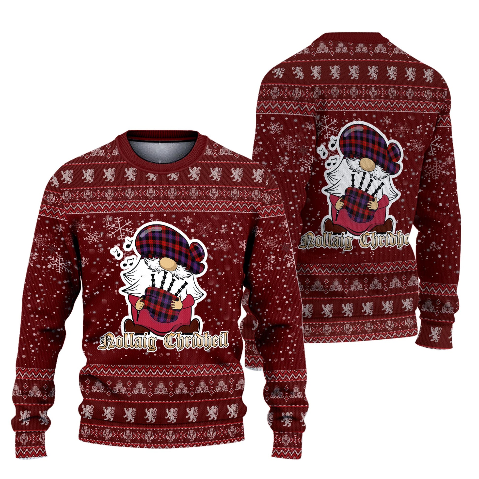 Broun Modern Clan Christmas Family Knitted Sweater with Funny Gnome Playing Bagpipes Unisex Red - Tartanvibesclothing