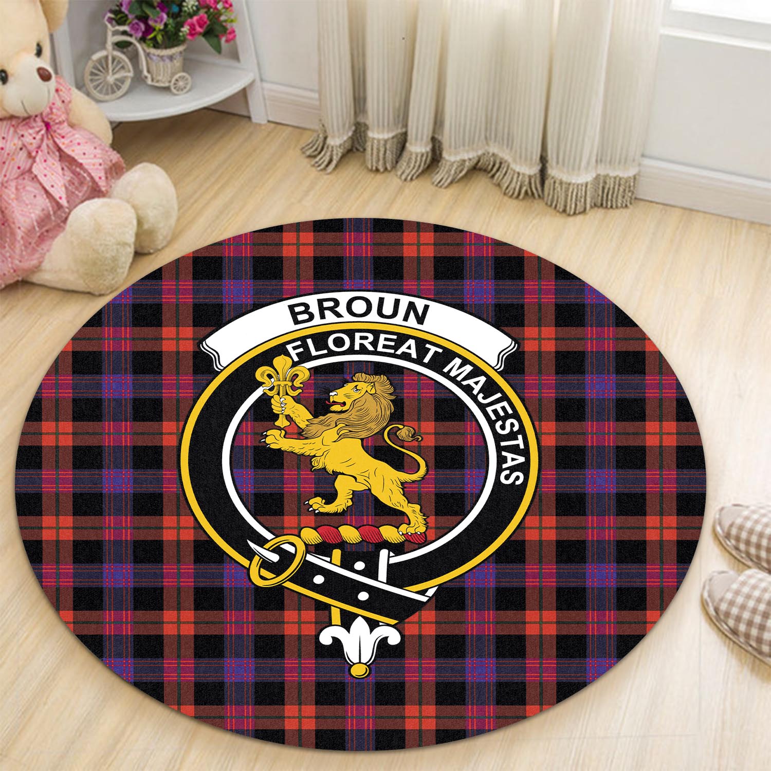 Broun Modern Tartan Round Rug with Family Crest - Tartanvibesclothing