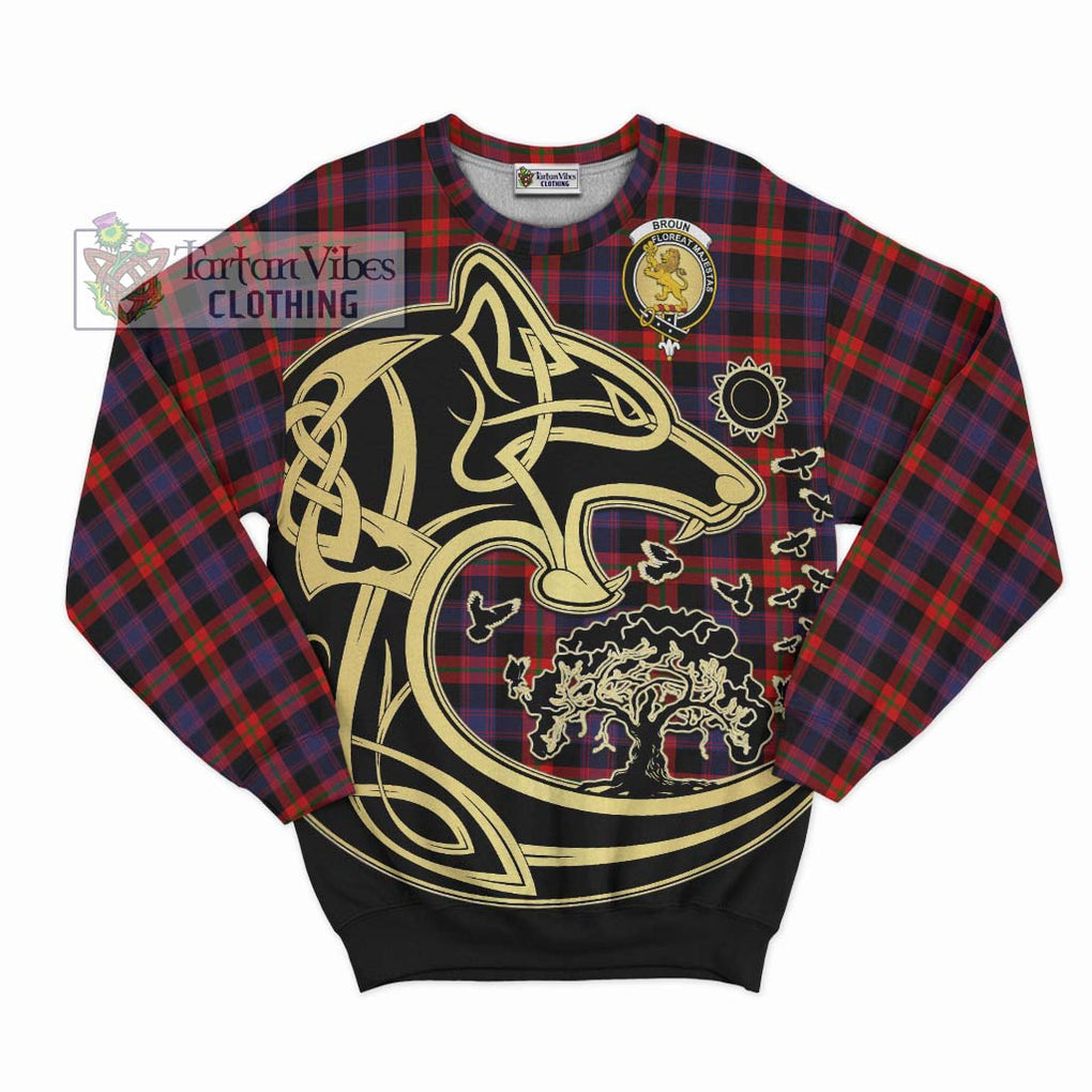 Broun Modern Tartan Sweatshirt with Family Crest Celtic Wolf Style - Tartan Vibes Clothing