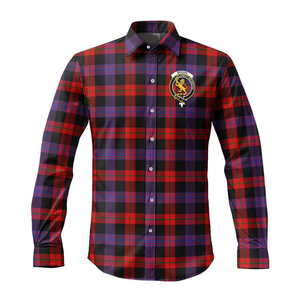 Broun Modern Tartan Long Sleeve Button Up Shirt with Family Crest - Tartanvibesclothing