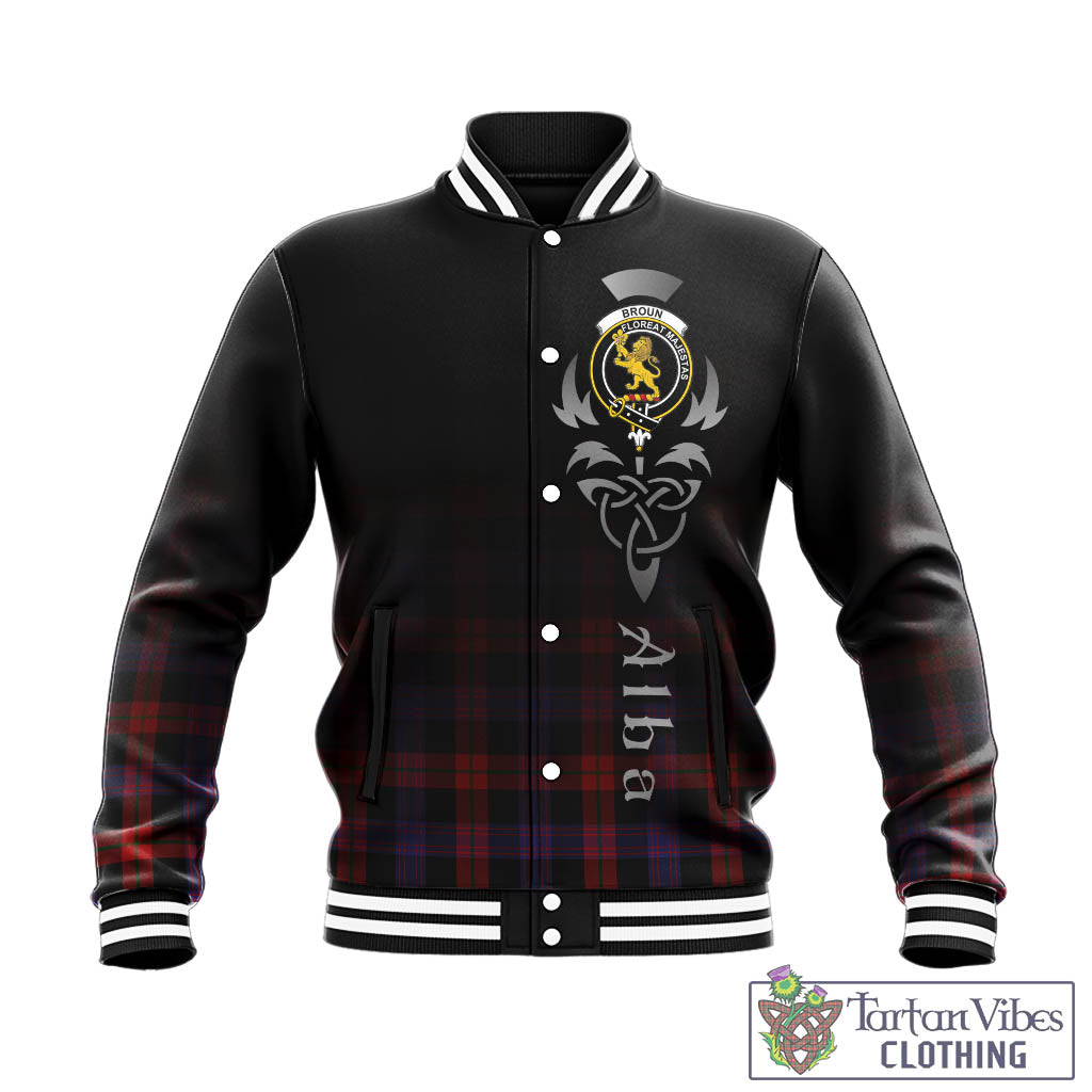 Tartan Vibes Clothing Broun Modern Tartan Baseball Jacket Featuring Alba Gu Brath Family Crest Celtic Inspired