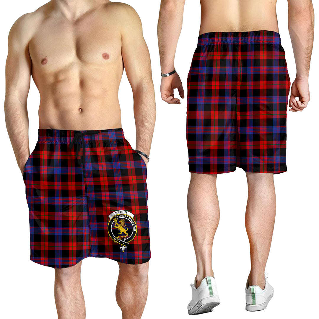 Broun Modern Tartan Mens Shorts with Family Crest - Tartanvibesclothing
