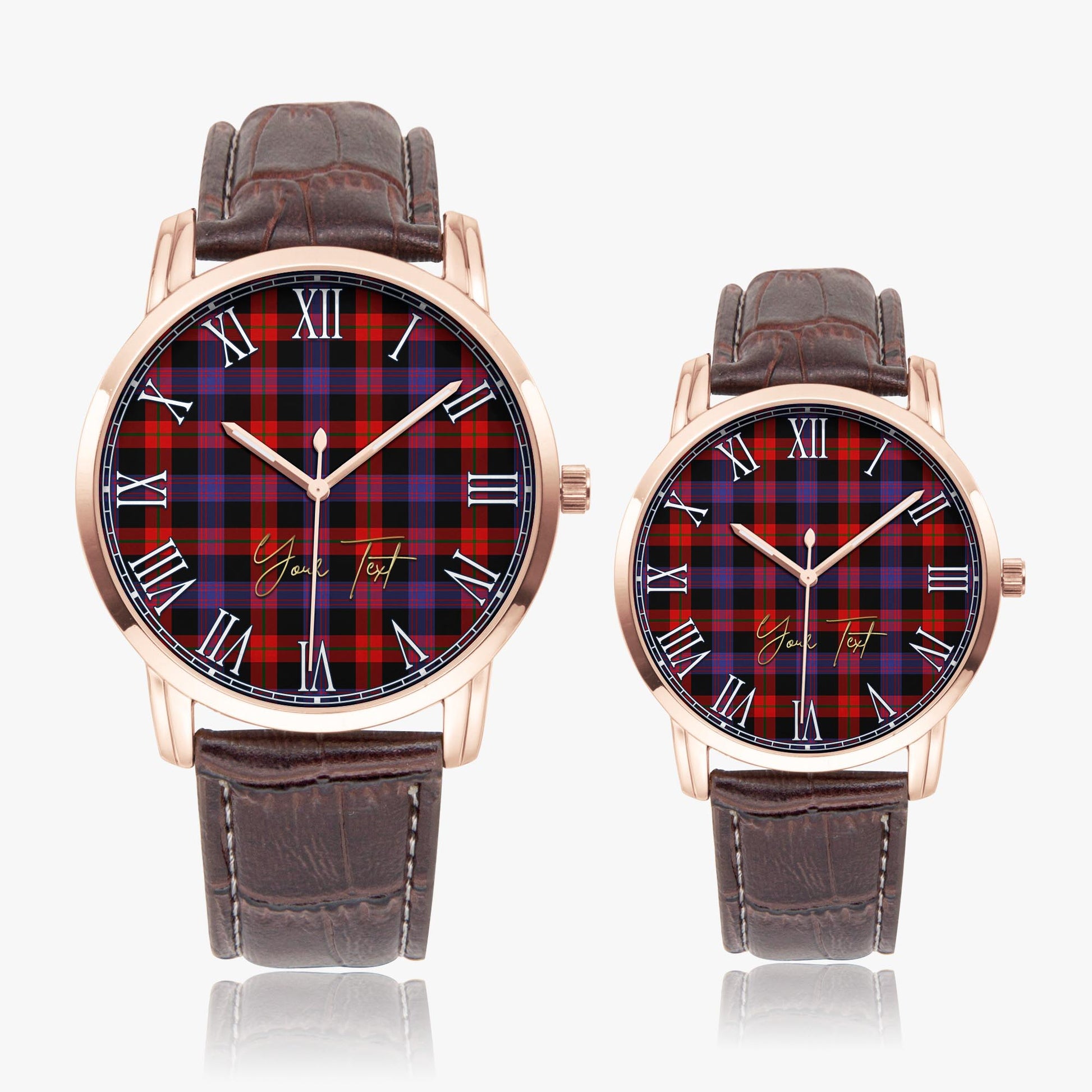 Broun Modern Tartan Personalized Your Text Leather Trap Quartz Watch Wide Type Rose Gold Case With Brown Leather Strap - Tartanvibesclothing