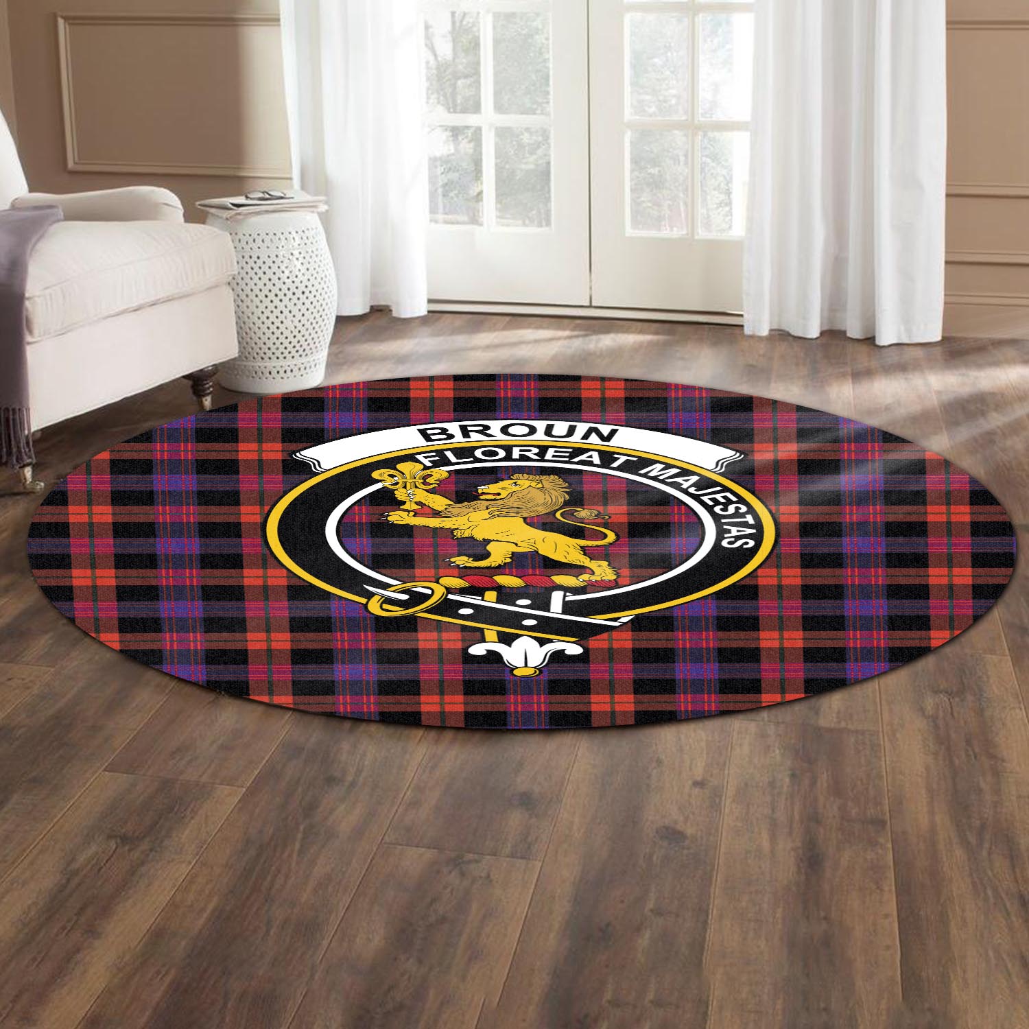 Broun Modern Tartan Round Rug with Family Crest - Tartanvibesclothing