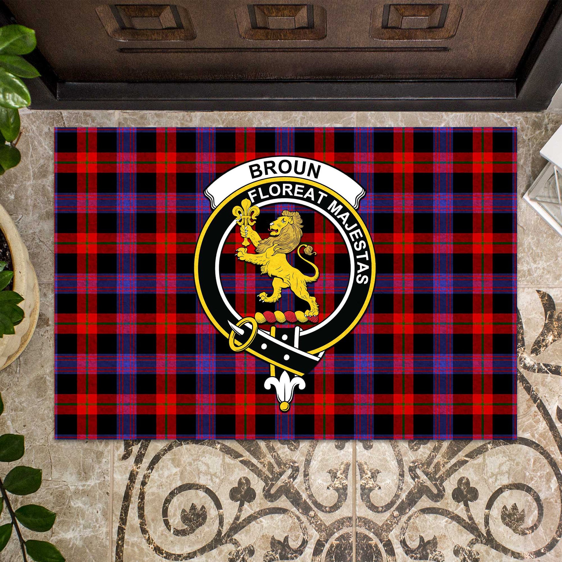 Broun Modern Tartan Door Mat with Family Crest - Tartanvibesclothing