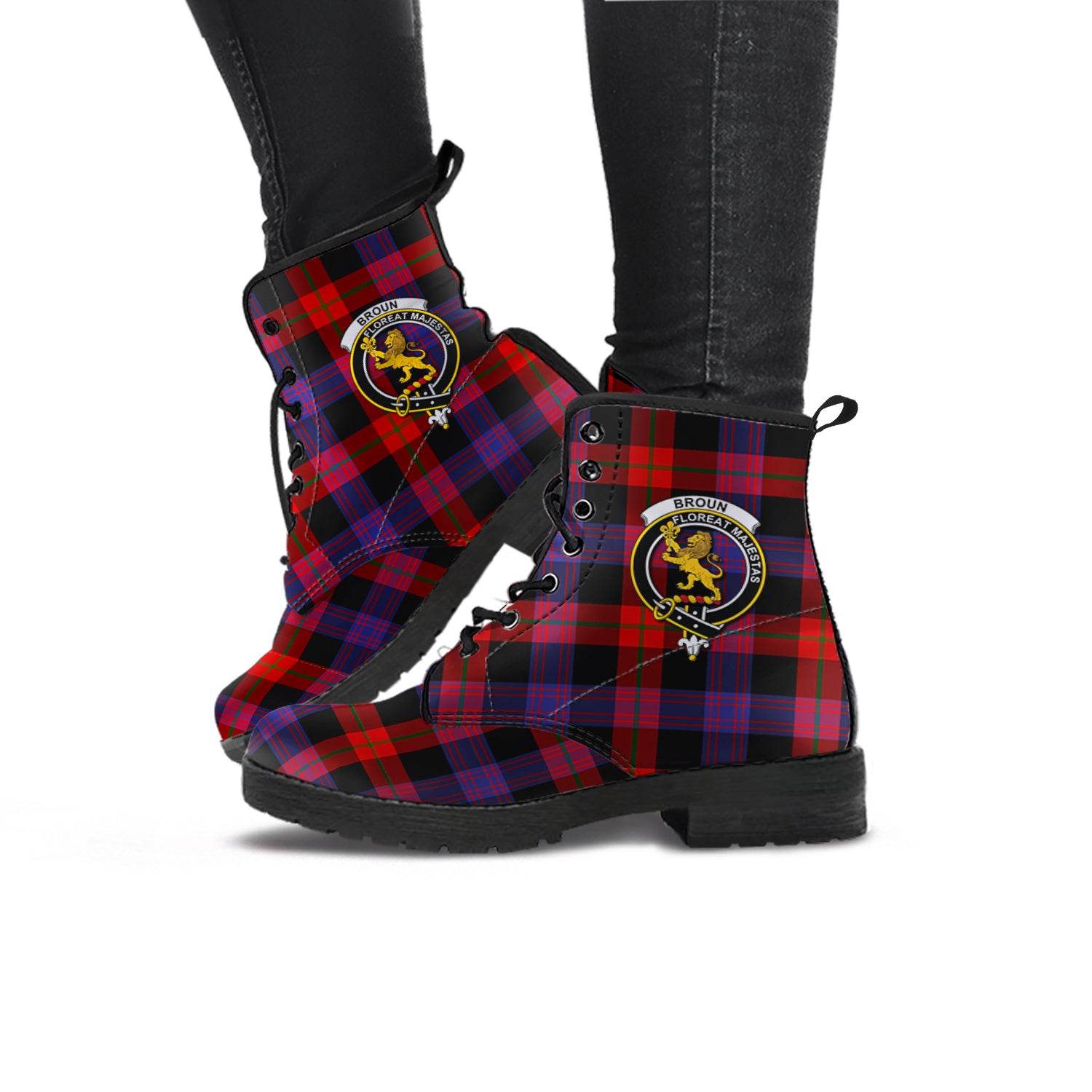Broun Modern Tartan Leather Boots with Family Crest - Tartanvibesclothing