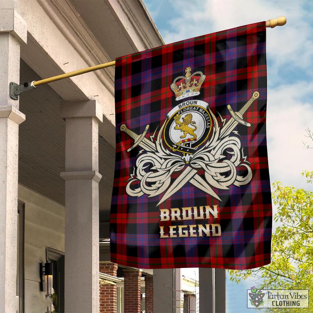 Tartan Vibes Clothing Broun Modern Tartan Flag with Clan Crest and the Golden Sword of Courageous Legacy
