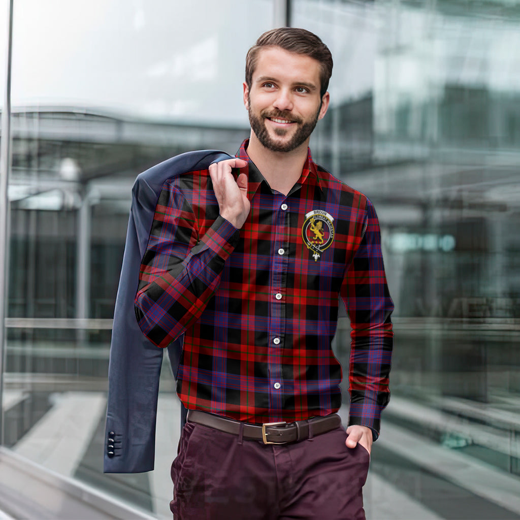 Broun Modern Tartan Long Sleeve Button Up Shirt with Family Crest - Tartanvibesclothing