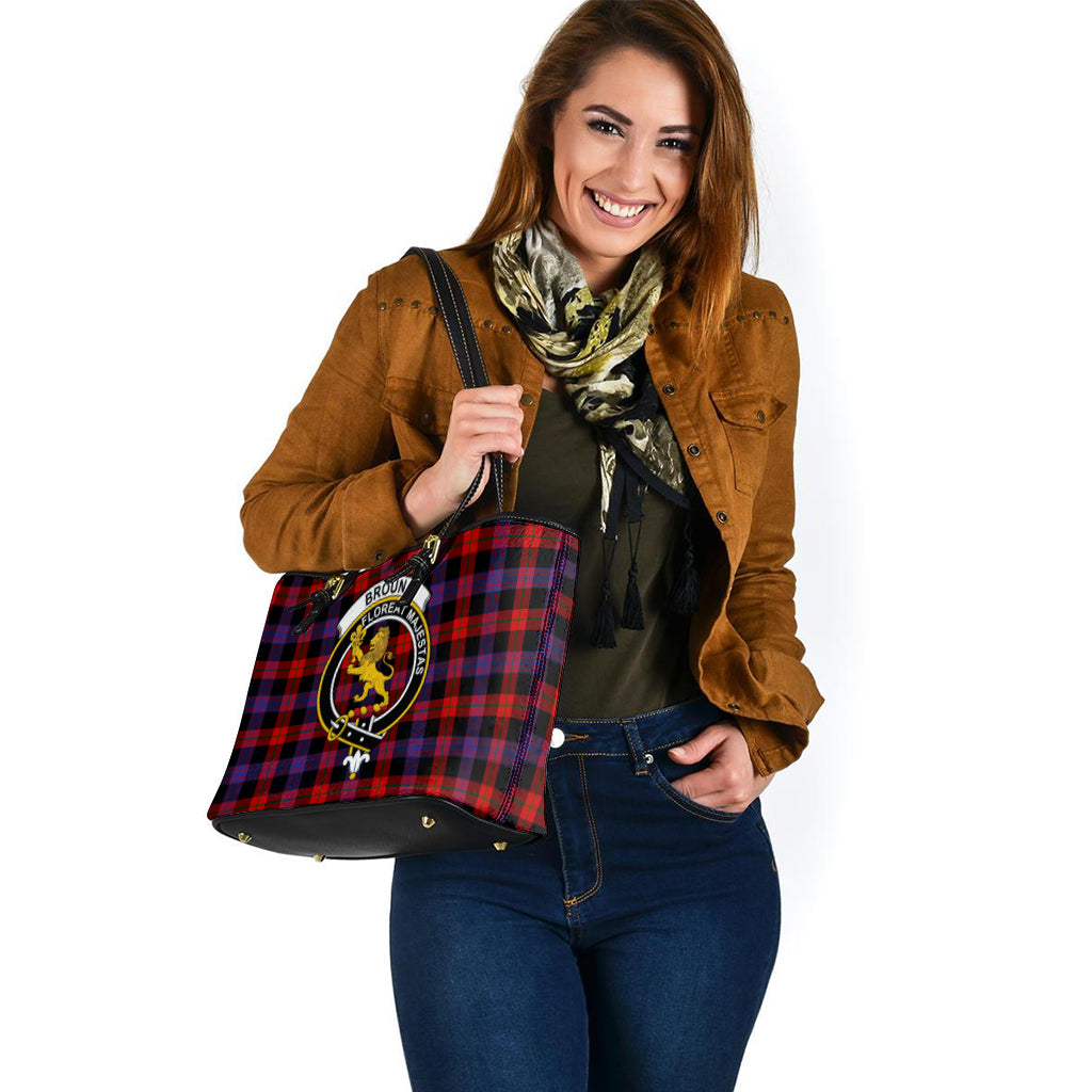 Broun Modern Tartan Leather Tote Bag with Family Crest - Tartanvibesclothing
