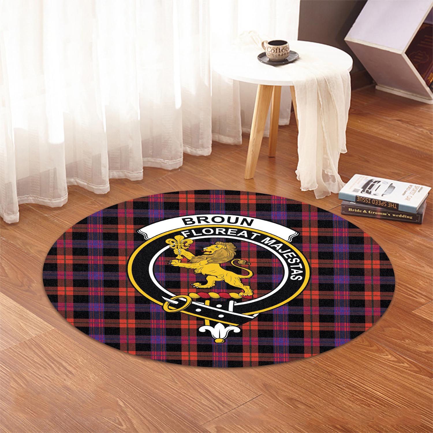 Broun Modern Tartan Round Rug with Family Crest - Tartanvibesclothing