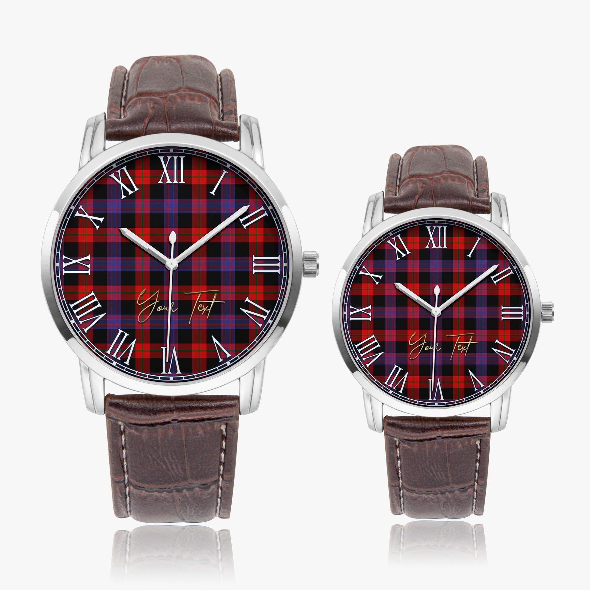 Broun Modern Tartan Personalized Your Text Leather Trap Quartz Watch Wide Type Silver Case With Brown Leather Strap - Tartanvibesclothing