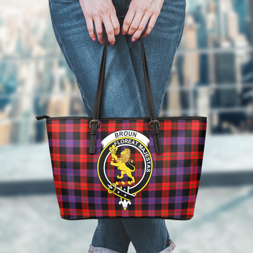 Broun Modern Tartan Leather Tote Bag with Family Crest - Tartanvibesclothing