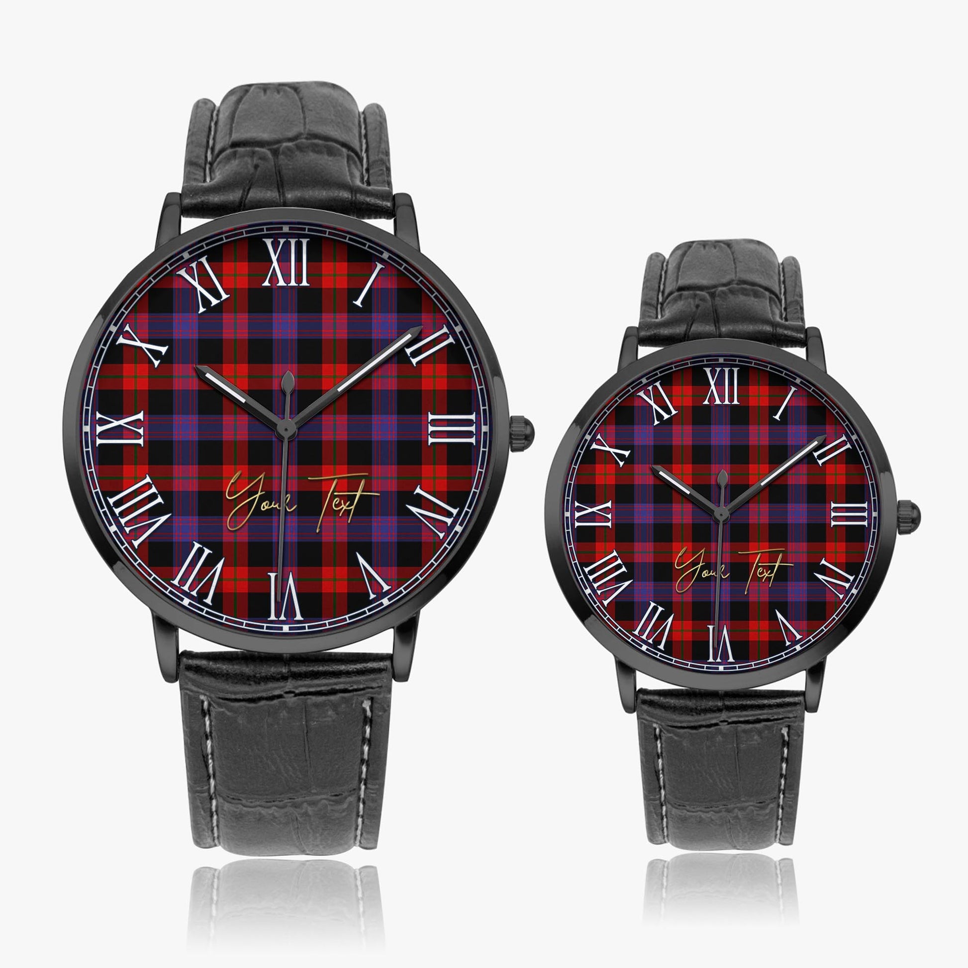 Broun Modern Tartan Personalized Your Text Leather Trap Quartz Watch Ultra Thin Black Case With Black Leather Strap - Tartanvibesclothing