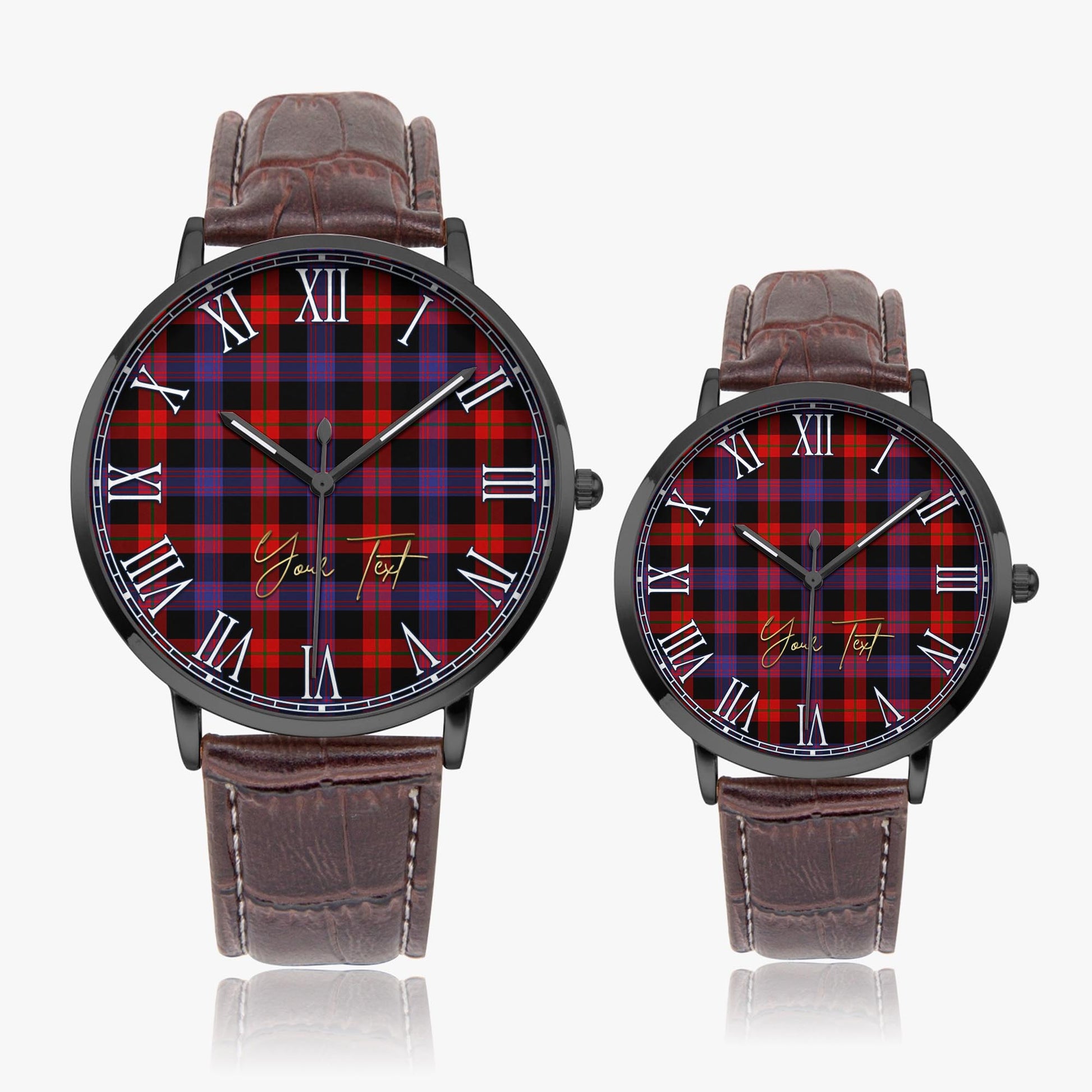 Broun Modern Tartan Personalized Your Text Leather Trap Quartz Watch Ultra Thin Black Case With Brown Leather Strap - Tartanvibesclothing