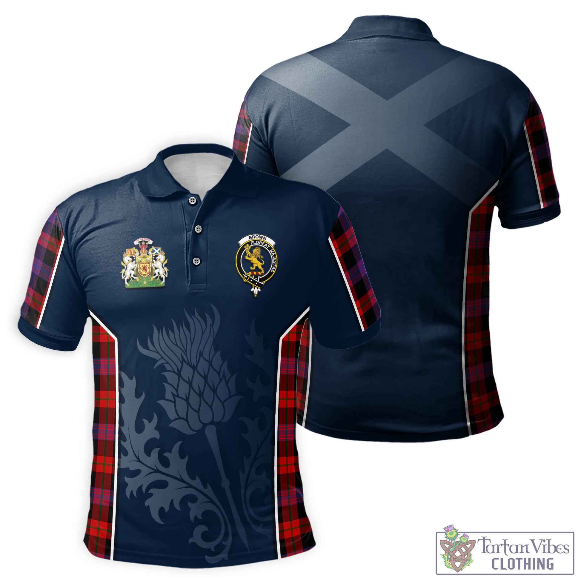 Tartan Vibes Clothing Brown Tartan Men's Polo Shirt with Family Crest and Scottish Thistle Vibes Sport Style