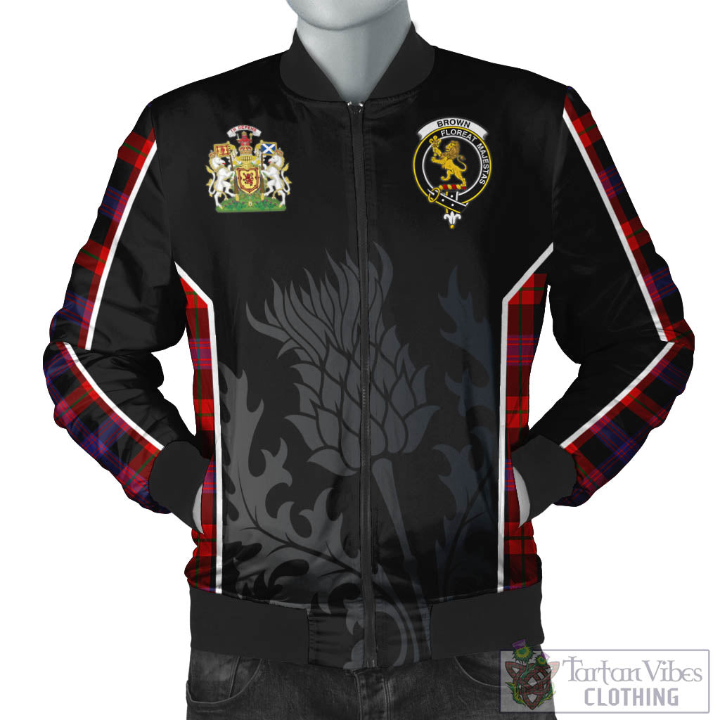 Tartan Vibes Clothing Brown Tartan Bomber Jacket with Family Crest and Scottish Thistle Vibes Sport Style