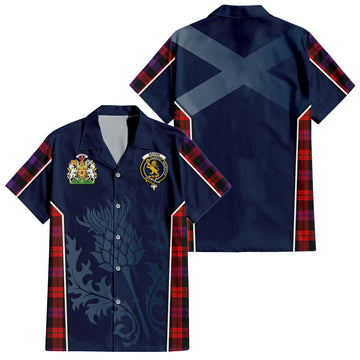 Brown Tartan Short Sleeve Button Up Shirt with Family Crest and Scottish Thistle Vibes Sport Style