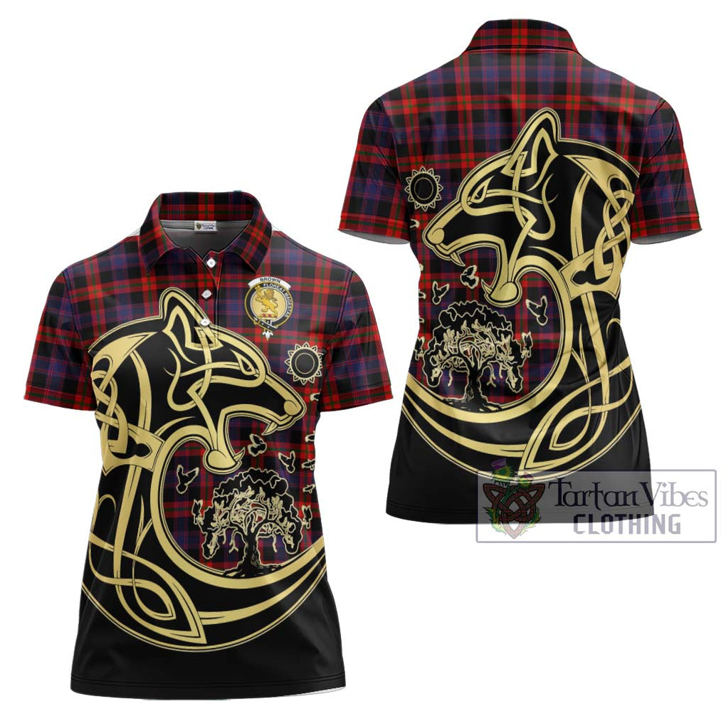 Brown (Broun) Tartan Women's Polo Shirt with Family Crest Celtic Wolf Style Women - Tartanvibesclothing Shop